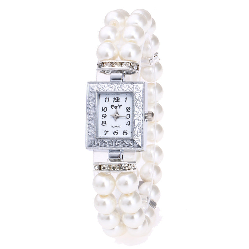 Reloj de pulsera con perlas de cristal artificial rectangular para mujer