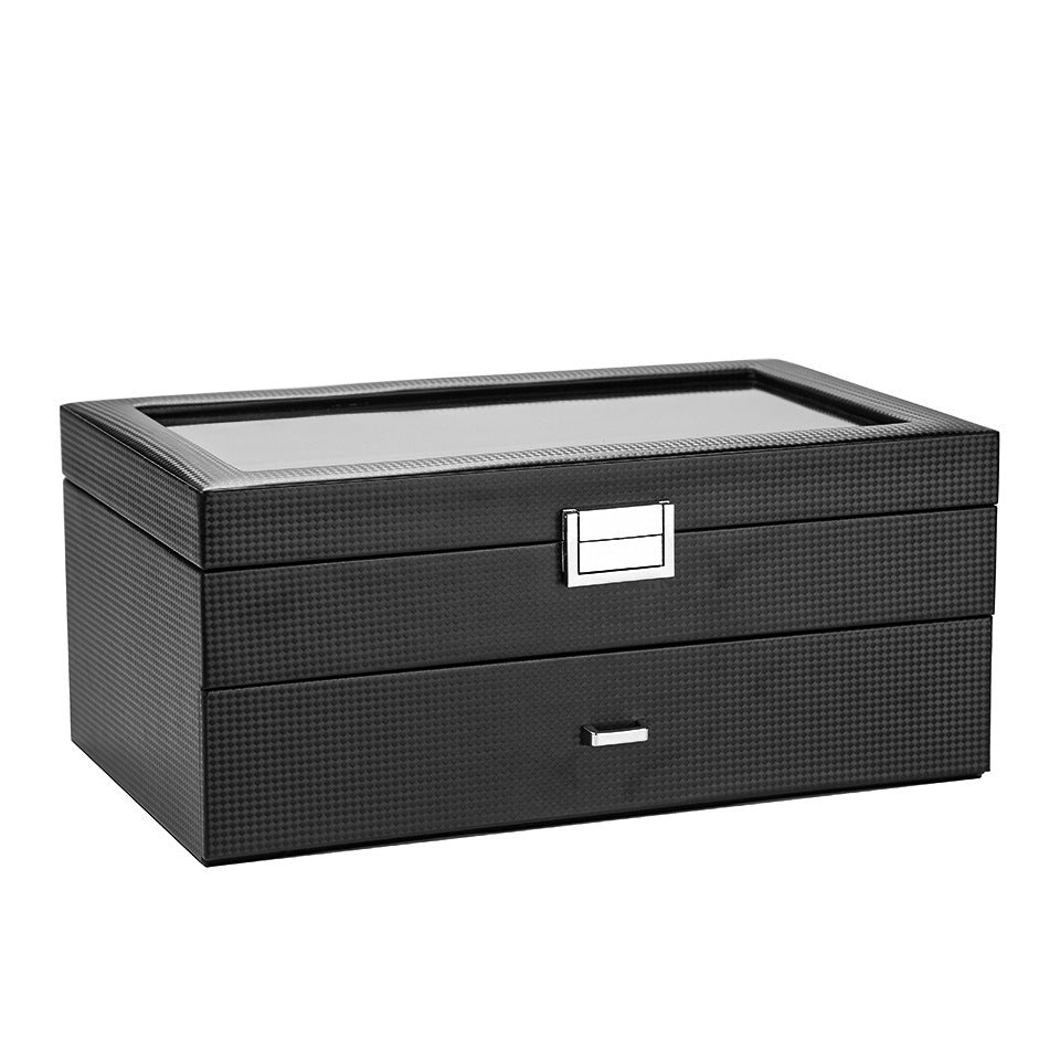 Double Layer 24 Bit Carbon Fiber PU Watch Storage Box