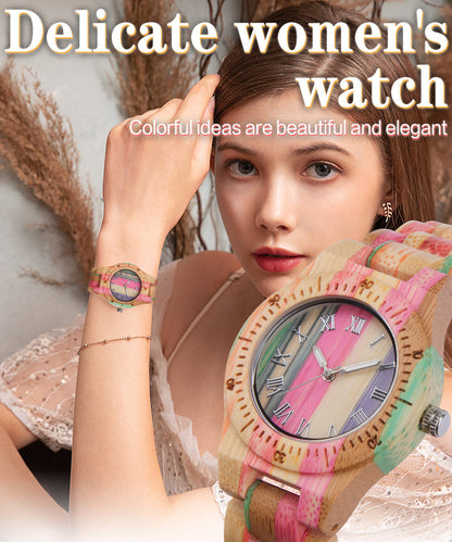 Reloj de cuarzo de madera informal de moda de bambú colorido para mujer