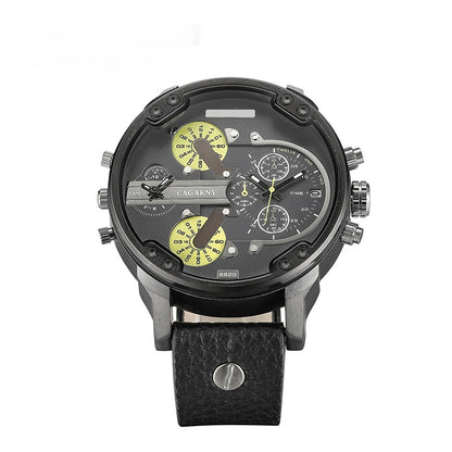 Reloj de cuarzo para hombre, doble zona horaria, esfera grande, carcasa de piel negra