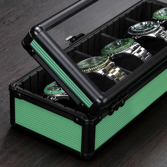 Green Aluminum Alloy 5 Grid Top Cover Transparent Watch Storage Box