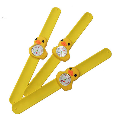 Reloj de cuarzo con dibujos animados de pato amarillo pequeño con adhesivo de PVC