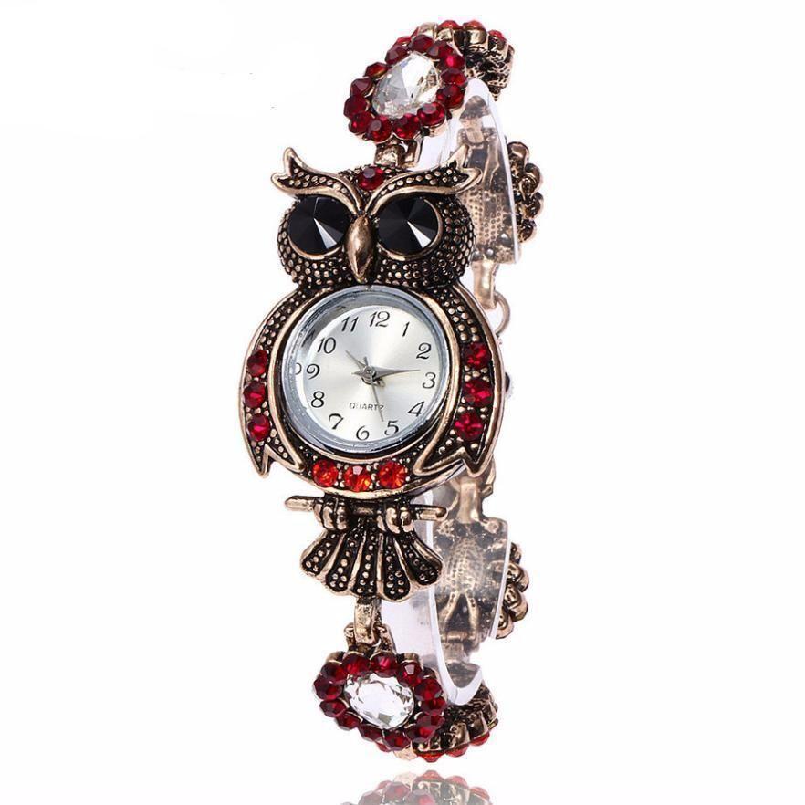 Elegante reloj de pulsera vintage de acero inoxidable con forma de búho y cuarzo para mujer