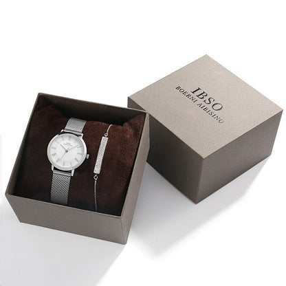 IBSO-Women Quartz Watch Set 8mm Thin Silver Mesh Stainless Steel Bracelet Quartz Clock Set Ladies Birthday Gift