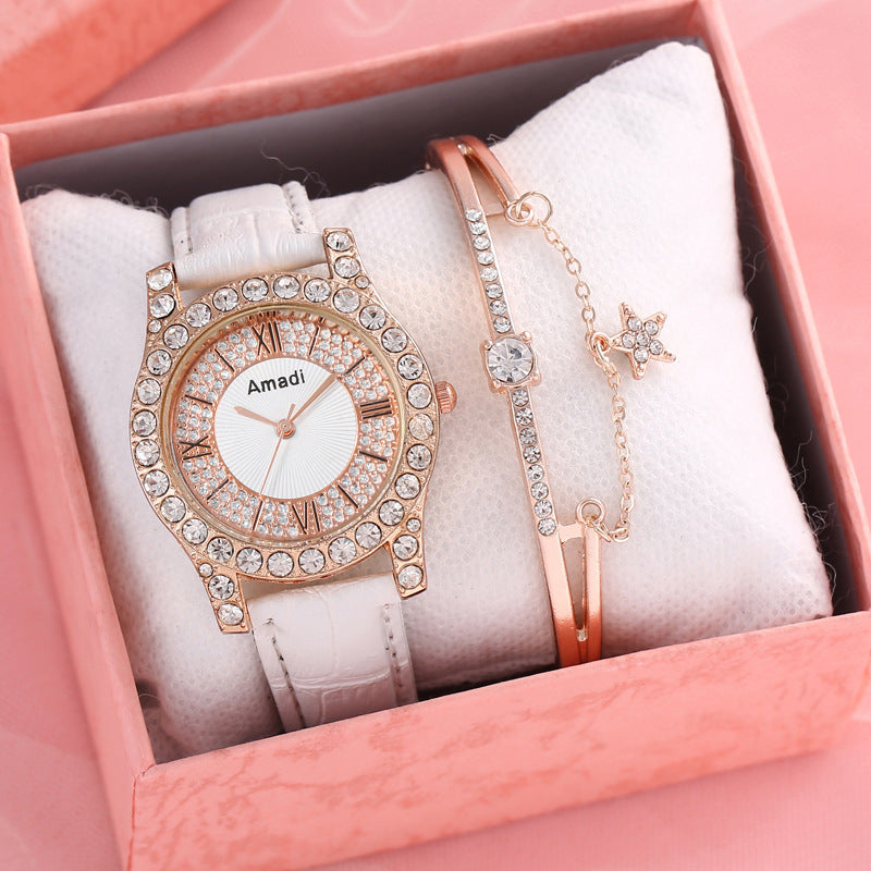 Reloj de cuarzo sencillo y a la moda con esfera romana y diamantes incrustados para mujer, caja de regalo