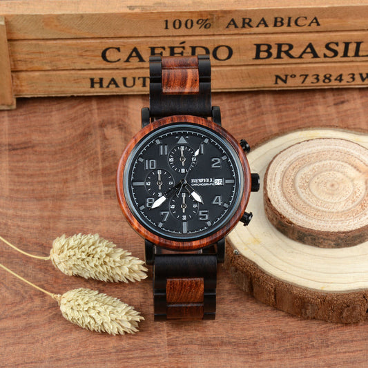 Reloj de madera multifuncional de seis agujas para hombre