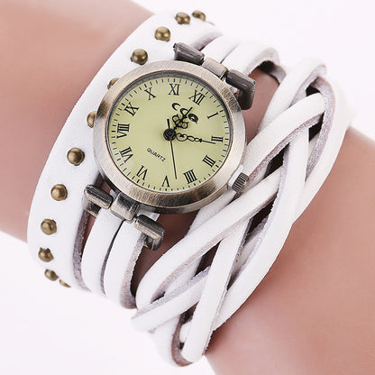 Reloj de pulsera con personalidad de moda para mujer, estilo trenzado de masa de piel de vaca, remache retro