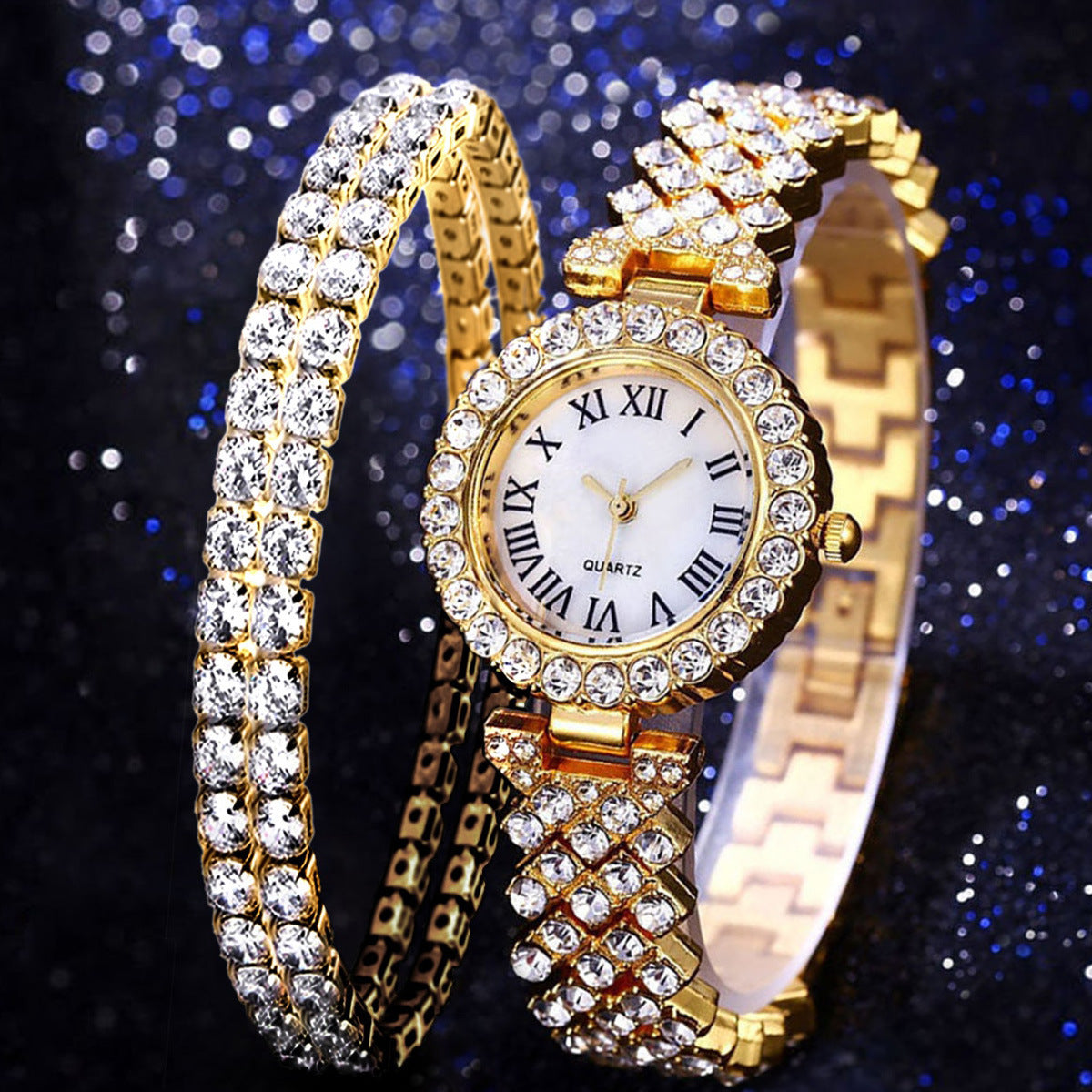 Reloj de cuarzo con diamantes de lujo y moda, pulsera de diamantes de doble capa, 2 piezas