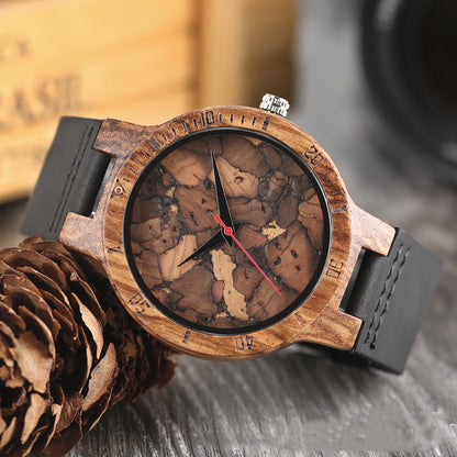 Reloj informal de madera para hombre con esfera de madera y hojas rotas