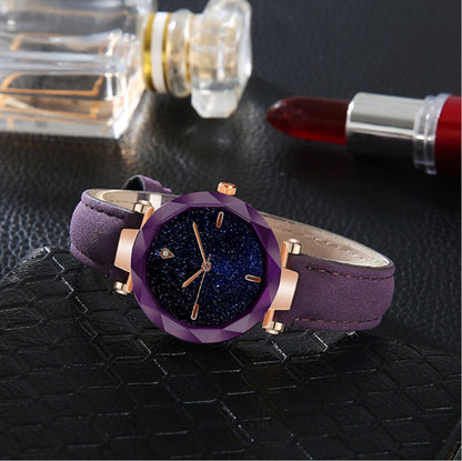 Reloj de mujer sencillo con esfera de cielo estrellado y cinturón de moda