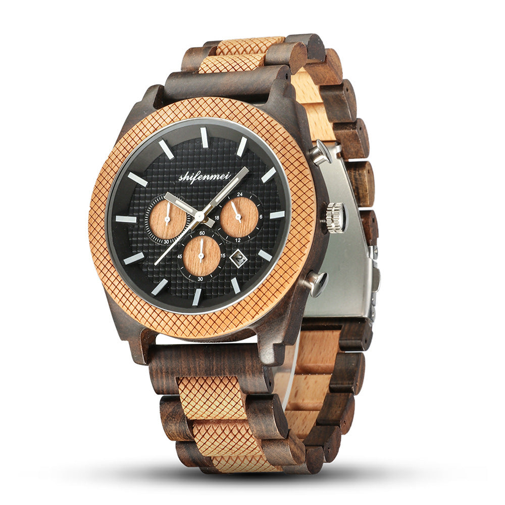 Reloj deportivo de madera con calendario y cronógrafo de seis manecillas para hombre