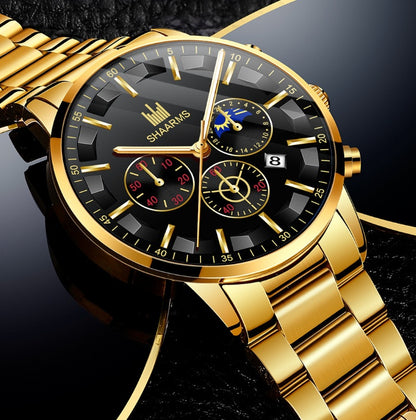 Reloj de cuarzo elegante con calendario de tres ojos y esfera grande y redonda
