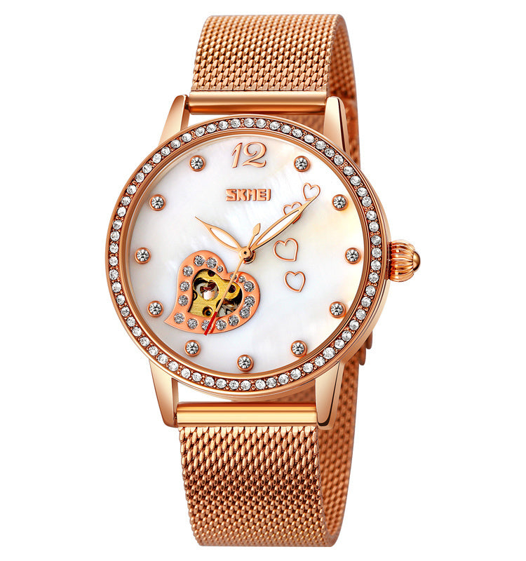 Reloj Luminoso De Oro Rosa Con Esfera De Nácar Y Diamantes