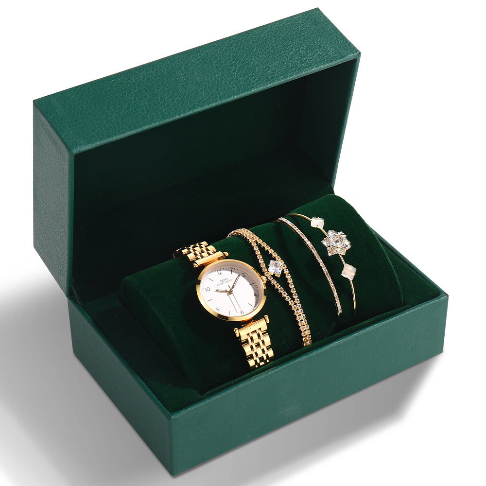 Conjunto de reloj con correa de acero para mujer en color verde