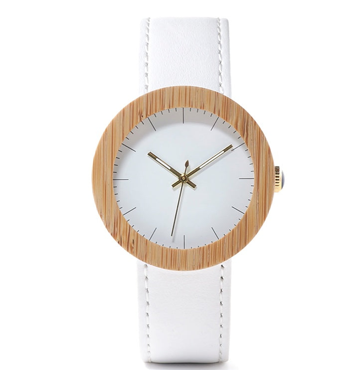 Reloj femenino con movimiento de cuarzo, cinturón de cuero de madera de bambú caliente hecho a mano con mesa de madera