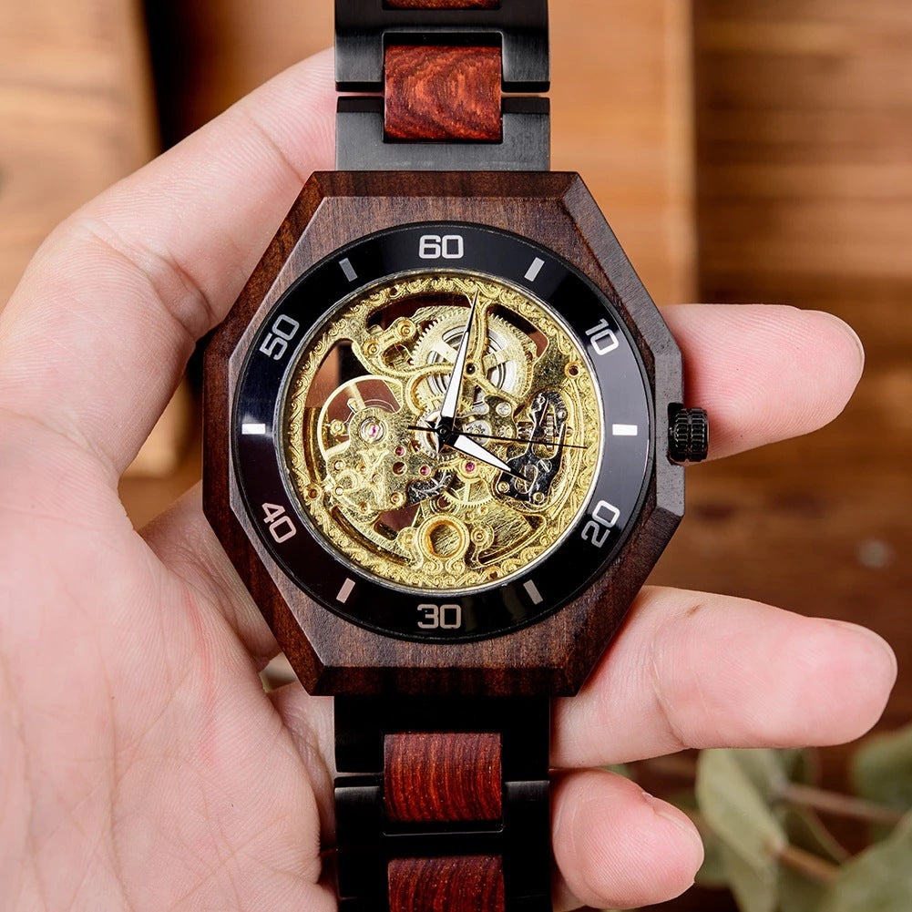 Reloj mecánico automático de madera para hombre.