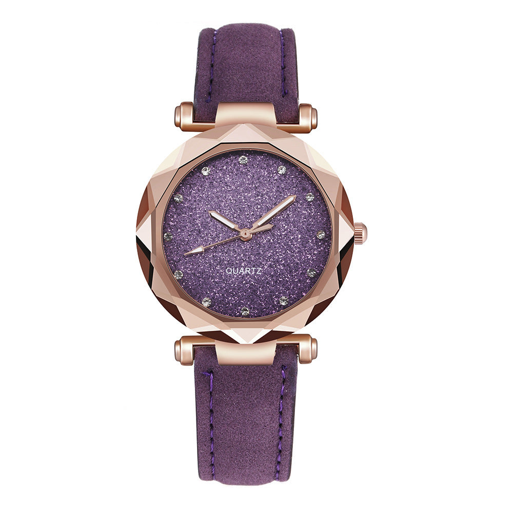 Reloj de pulsera informal para mujer, romántico, con diseño de cielo estrellado, de cuero y diamantes de imitación