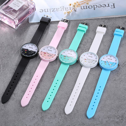 Reloj para niños y niñas con correa de silicona de color, reloj de pulsera de cuarzo a la moda con esfera de pez, reloj de dibujos animados para niños 