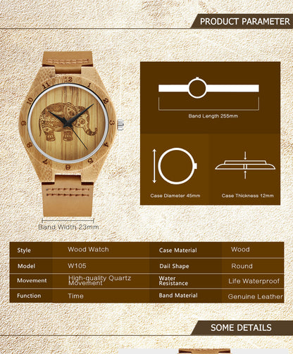 クラシックなエレファントレザーのレトロシンプル竹製クォーツ腕時計