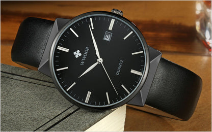 Men's leather quartz watch