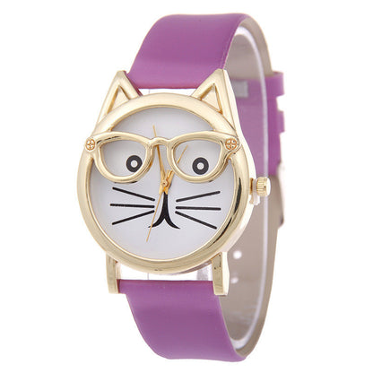 Reloj de dibujos animados con gafas, reloj con cinturón de gato para estudiantes, reloj de cuarzo para mujer, reloj de regalo