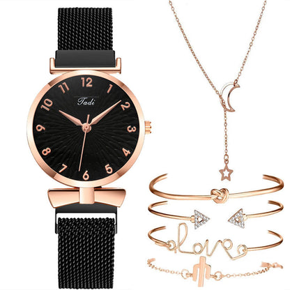 Conjunto de regalo informal para mujer, conjunto de pulsera y brazalete de reloj de cuarzo con correa de malla de disco, 6 piezas