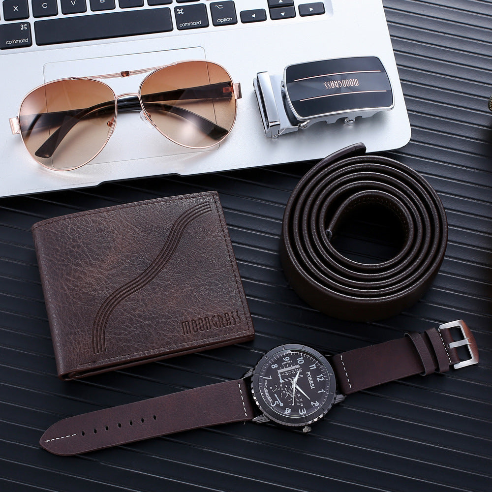 Reloj de cuarzo, elegante cinturón, cartera, gafas, conjunto