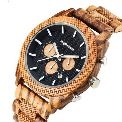 Reloj deportivo de madera con calendario y cronógrafo de seis manecillas para hombre