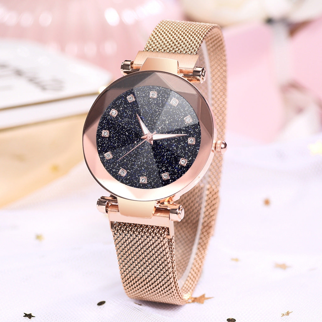 Reloj de mujer con diamantes de imitación cuadrados y esfera de cielo estrellado, conjunto de reloj de pulsera informal de moda para mujer