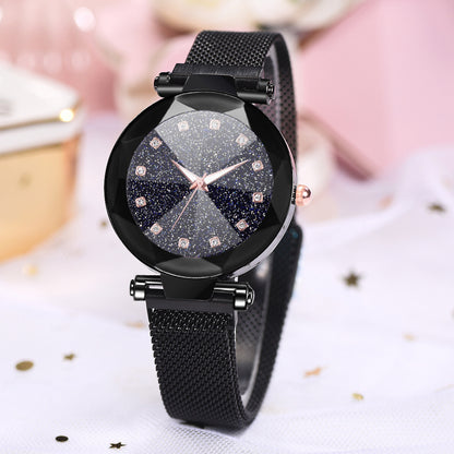 Reloj de mujer con diamantes de imitación cuadrados y esfera de cielo estrellado, conjunto de reloj de pulsera informal de moda para mujer