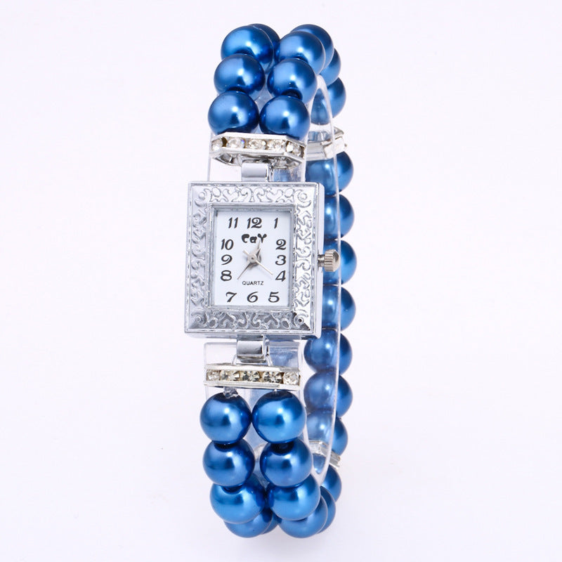 Reloj de pulsera con perlas de cristal artificial rectangular para mujer