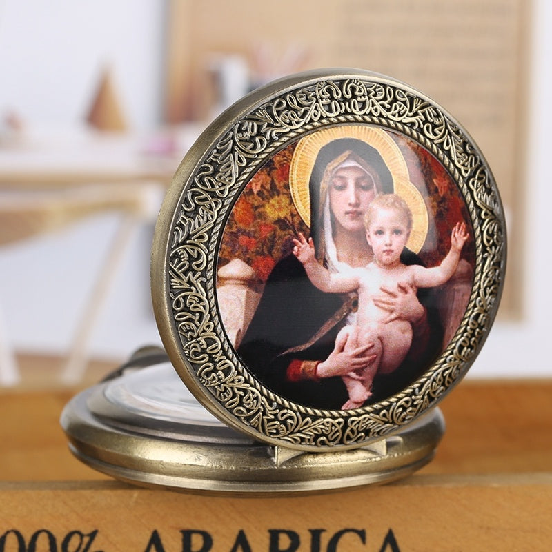 Reloj de bolsillo grande con motivo de la Virgen María y Jesús