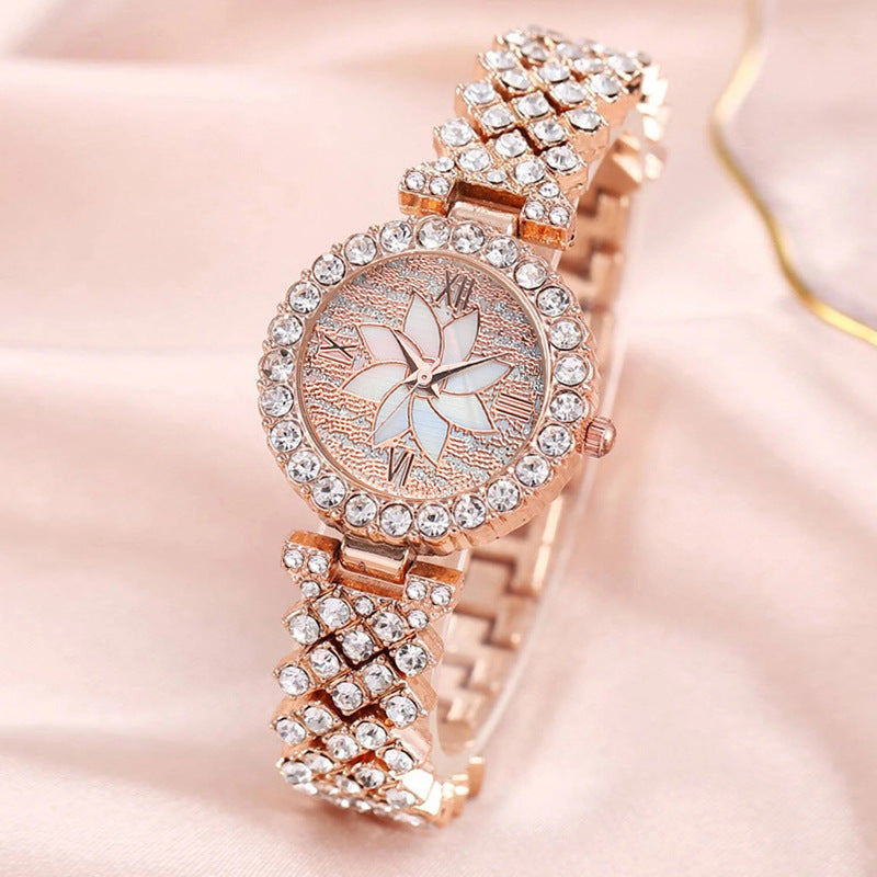 Reloj de pulsera con disco de flores y cielo estrellado con incrustaciones de diamantes para mujer