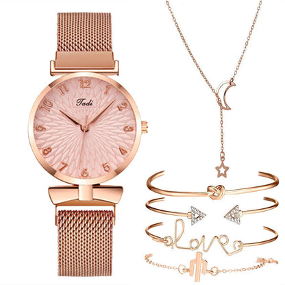 Conjunto de regalo informal para mujer, conjunto de pulsera y brazalete de reloj de cuarzo con correa de malla de disco, 6 piezas