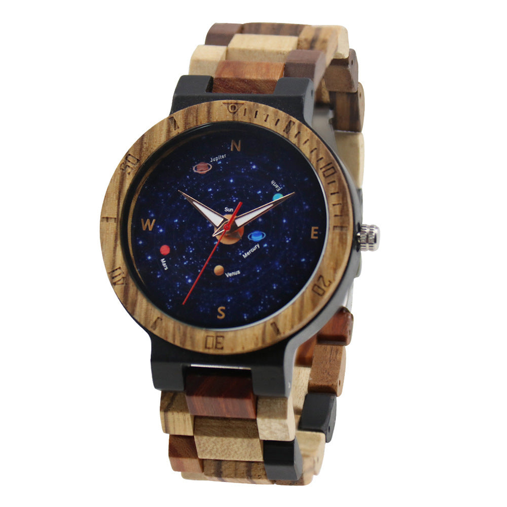 Round Dial Around The World Casual Men's Wooden Quartz Watch