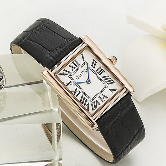 Quartz Watch Rectangular Leather With Retro Roman Index