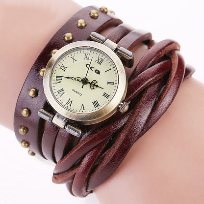 Reloj de pulsera con personalidad de moda para mujer, estilo trenzado de masa de piel de vaca, remache retro