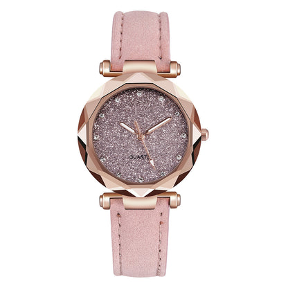 Reloj de pulsera informal para mujer, romántico, con diseño de cielo estrellado, de cuero y diamantes de imitación