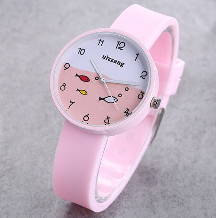 Reloj para niños y niñas con correa de silicona de color, reloj de pulsera de cuarzo a la moda con esfera de pez, reloj de dibujos animados para niños 