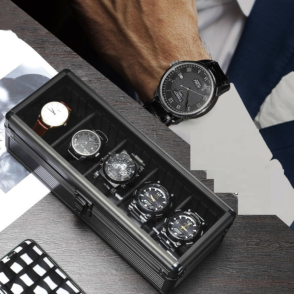 Multi Color Transparent Upper Cover Aluminum Alloy Watch Storage Box