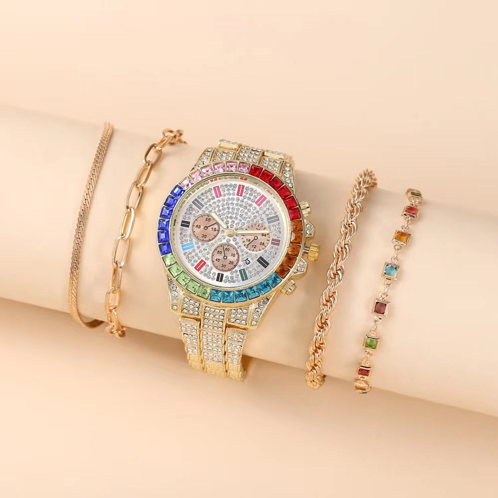 Reloj de pulsera de acero con calendario único y diamantes para mujer