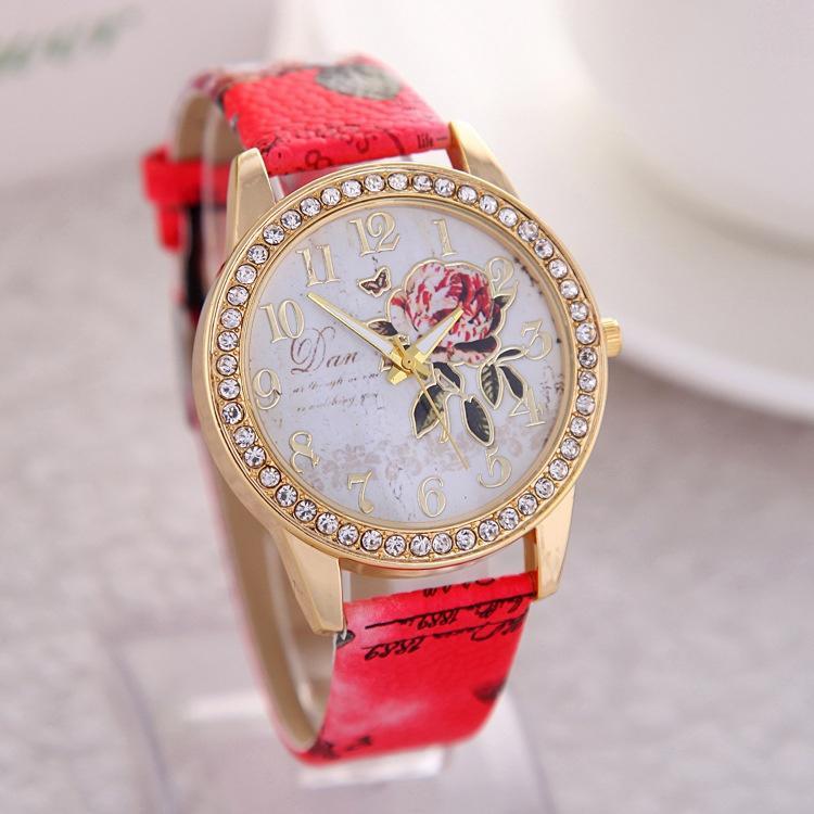 Reloj de cuarzo para mujer con estampado de flores de estilo chino
