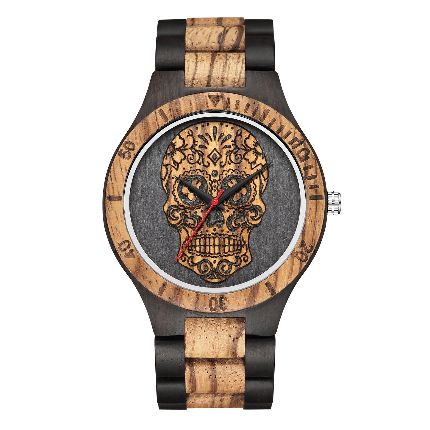 Reloj de madera con calavera y escala de cuarzo de doble color