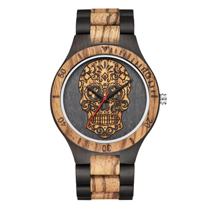 Reloj de madera con calavera y escala de cuarzo de doble color