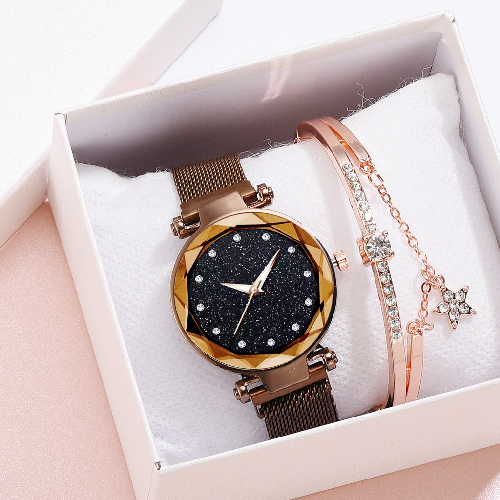 Conjunto de relojes de lujo para mujer, pulsera y hebilla magnética elegante a la moda, conjunto de reloj con cielo estrellado para mujer