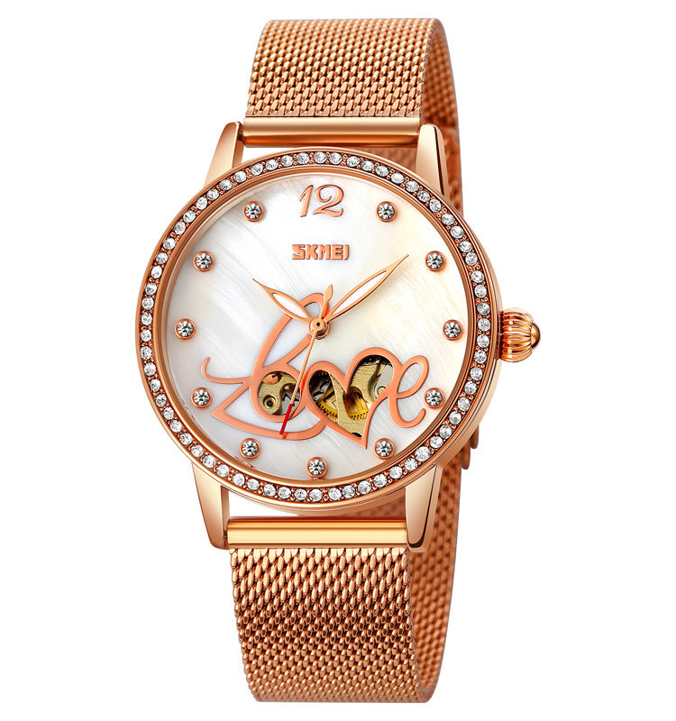 Reloj Luminoso De Oro Rosa Con Esfera De Nácar Y Diamantes