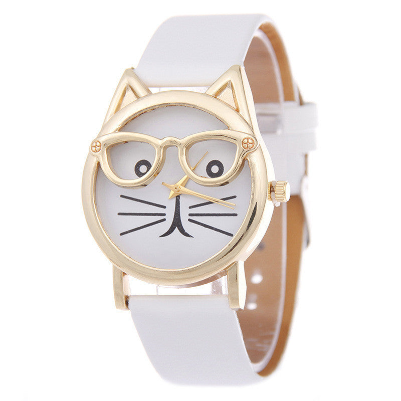 Reloj de dibujos animados con gafas, reloj con cinturón de gato para estudiantes, reloj de cuarzo para mujer, reloj de regalo