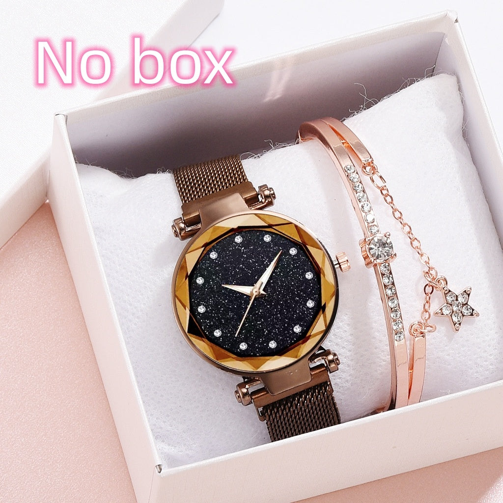 Conjunto de relojes de lujo para mujer, pulsera y hebilla magnética elegante a la moda, conjunto de reloj con cielo estrellado para mujer