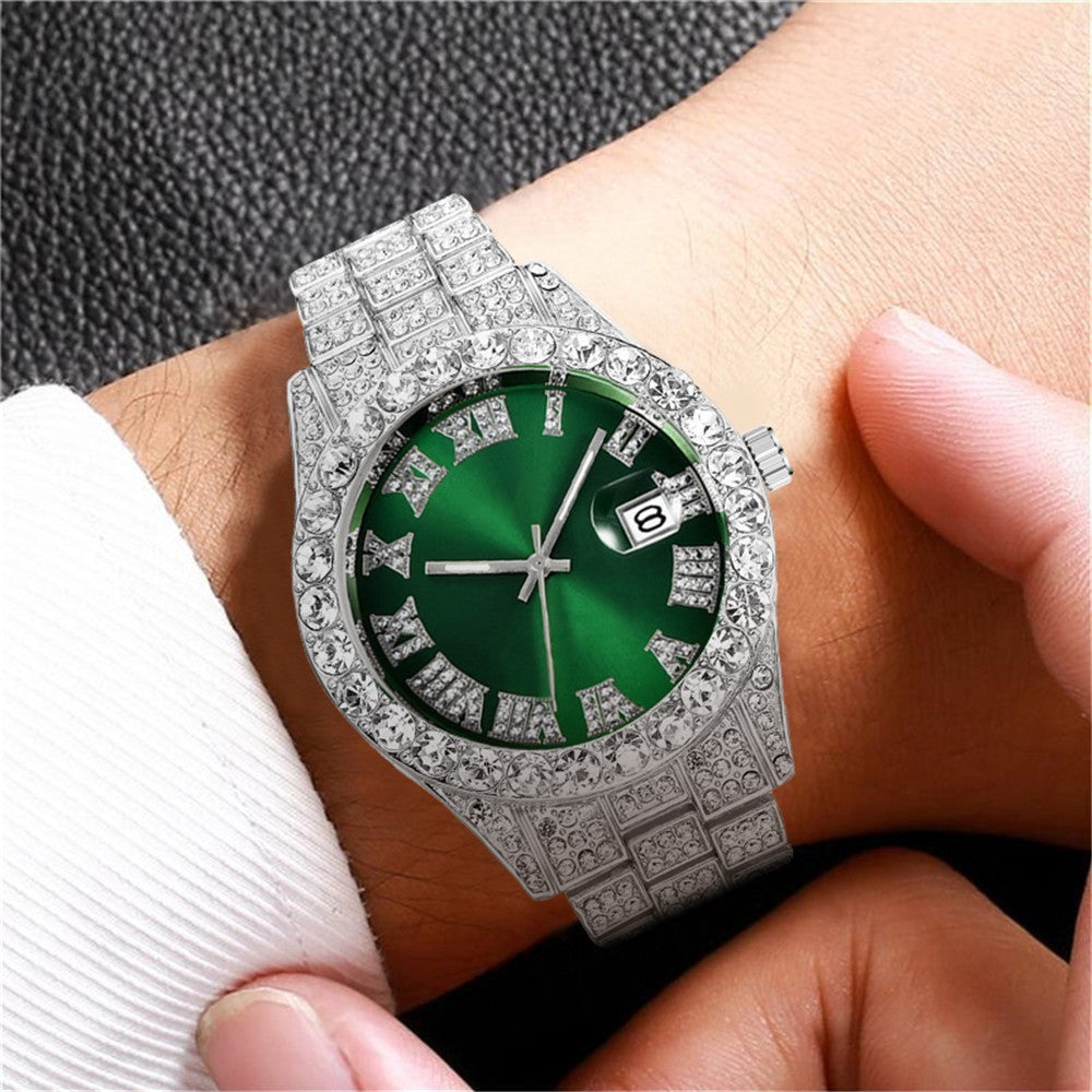 Reloj de cuarzo para hombre con calendario y correa de acero y diamantes romanos