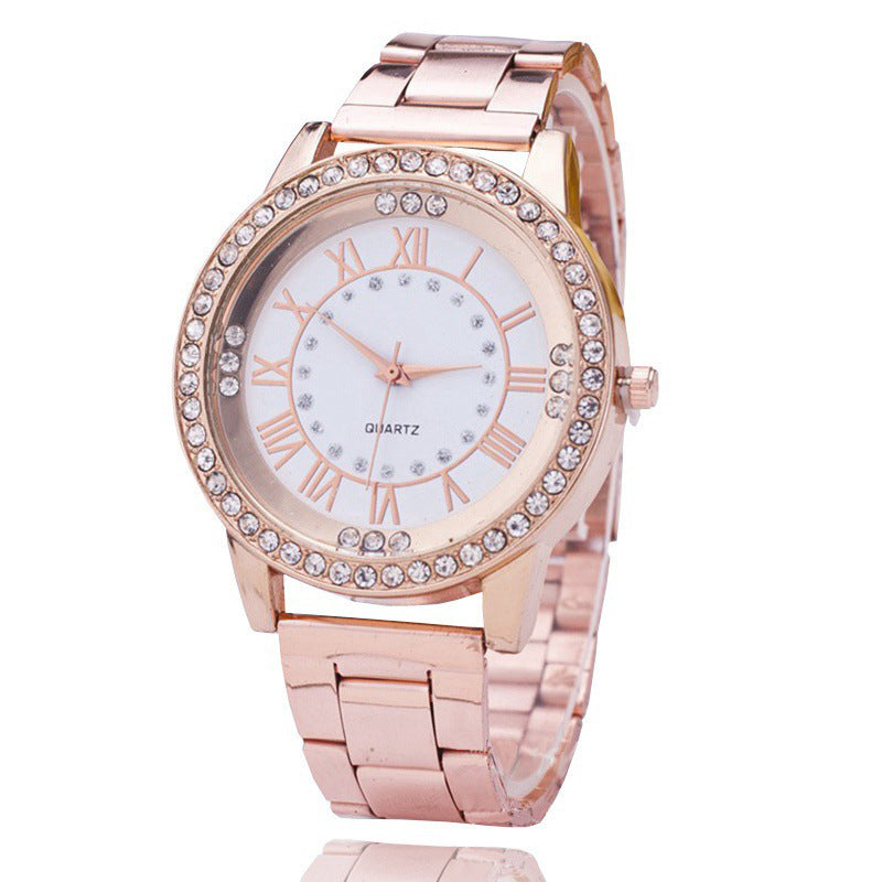 Reloj casual con correa de acero de alta gama para mujer y hombre con placa de malla de diamante y personalidad a escala romana